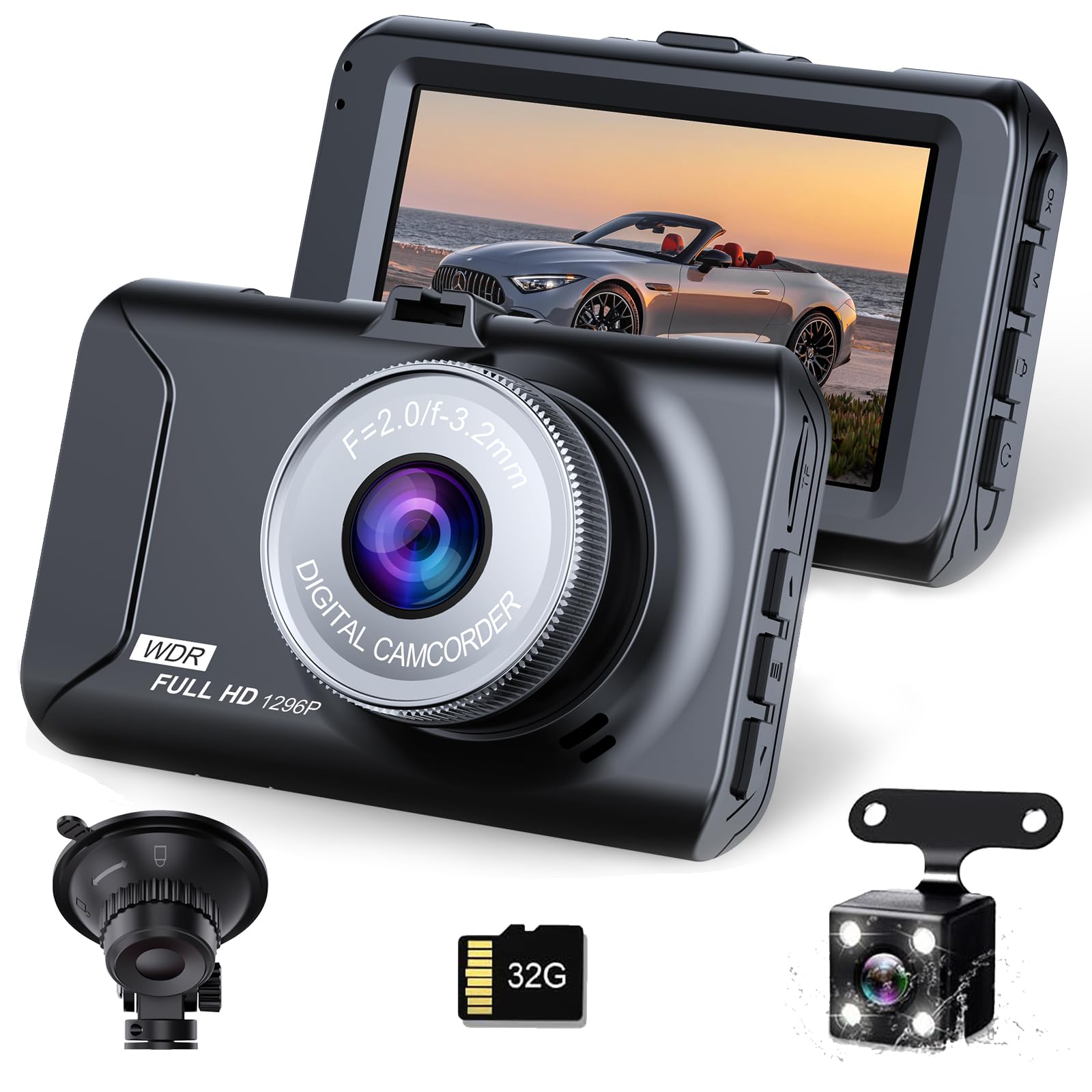 TORAKIND【2025業界】ドライブレコーダー 前後2カメラ 小型ドラレコ 1296P 使用しているのはSONY製イメージセンサー 3インチ液晶画面 HD画質 32gbカード付き 170度超広角