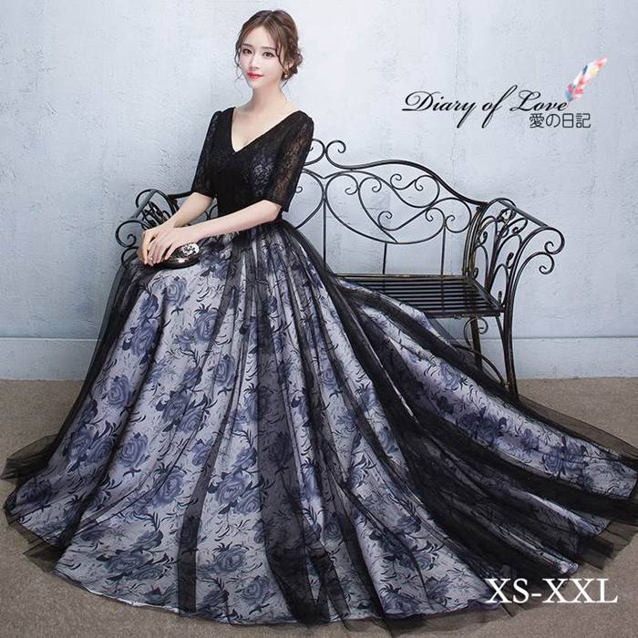 【即納】ロングドレス　大きいサイズ　黒　花柄 ウェディングドレス 演奏会 ジャガード織り トレーン ゴージャス Aライン 大きいサイズ 結婚式　発表会 コンサートリサイタル　他と被らない ピアノドレス