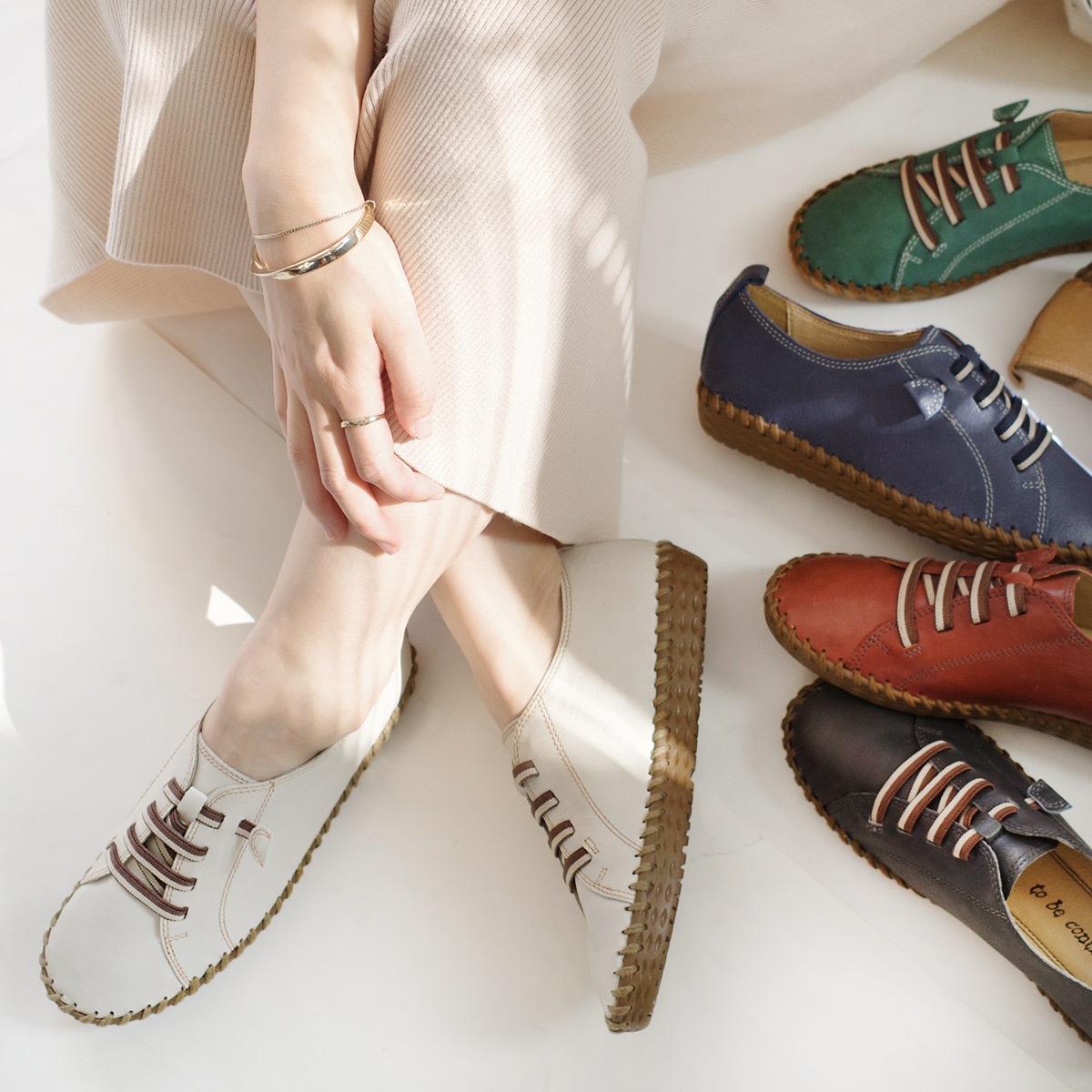 本革ナチュラルなソフトレザースパイラル編みゴム紐スリッポン レディース