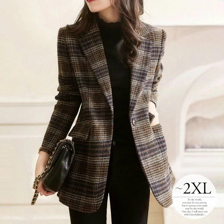 【即納】きれ テーラードジャケット チェック柄 ブラウン お出かけ 上品 おしゃれ 大きいサイズ 冬 暖かい アウター 羽織り ウール コート ジャケット スーツジャケット レディース ウールコート