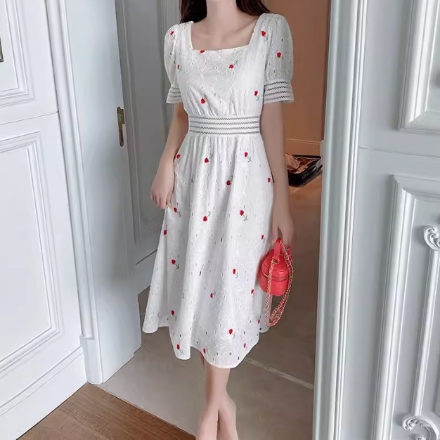 レディース スカート ワンピース プルオーバー ドレス 膝丈 半袖 パフスリーブ スクエアネック 襟なし ノーカラー Aライン ハイウエスト レースアップ 透け感 薄手 かわいい 大人可愛い きれいめ