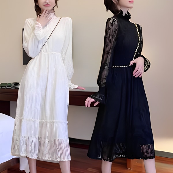 ２カラー 長袖レースドレス/フレンチスタイルヘップバーンスタイル西洋スタイル レディース スカート ワンピース シャツ プルオーバー シャツワンピ フレアスカート 膝下 ミモレ 長袖 ベルスリーブ