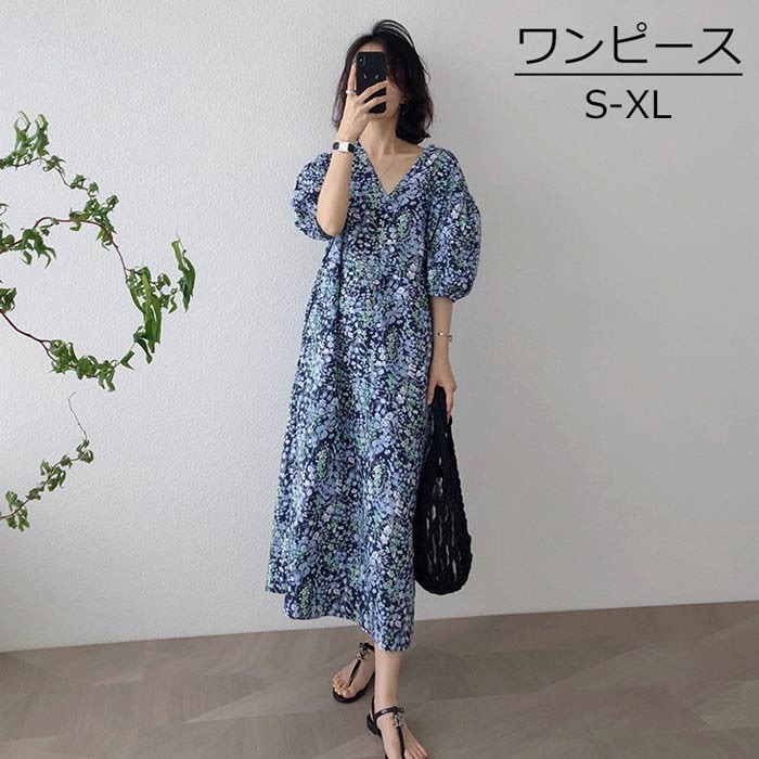 ワンピース レディース 夏ワンピ リゾート Vネック ミモレ丈 花柄 体型カバー ゆったり 大きめ きれいめ 日常 大人 カジュアル 春夏 ネイビーdn058m3m3m6