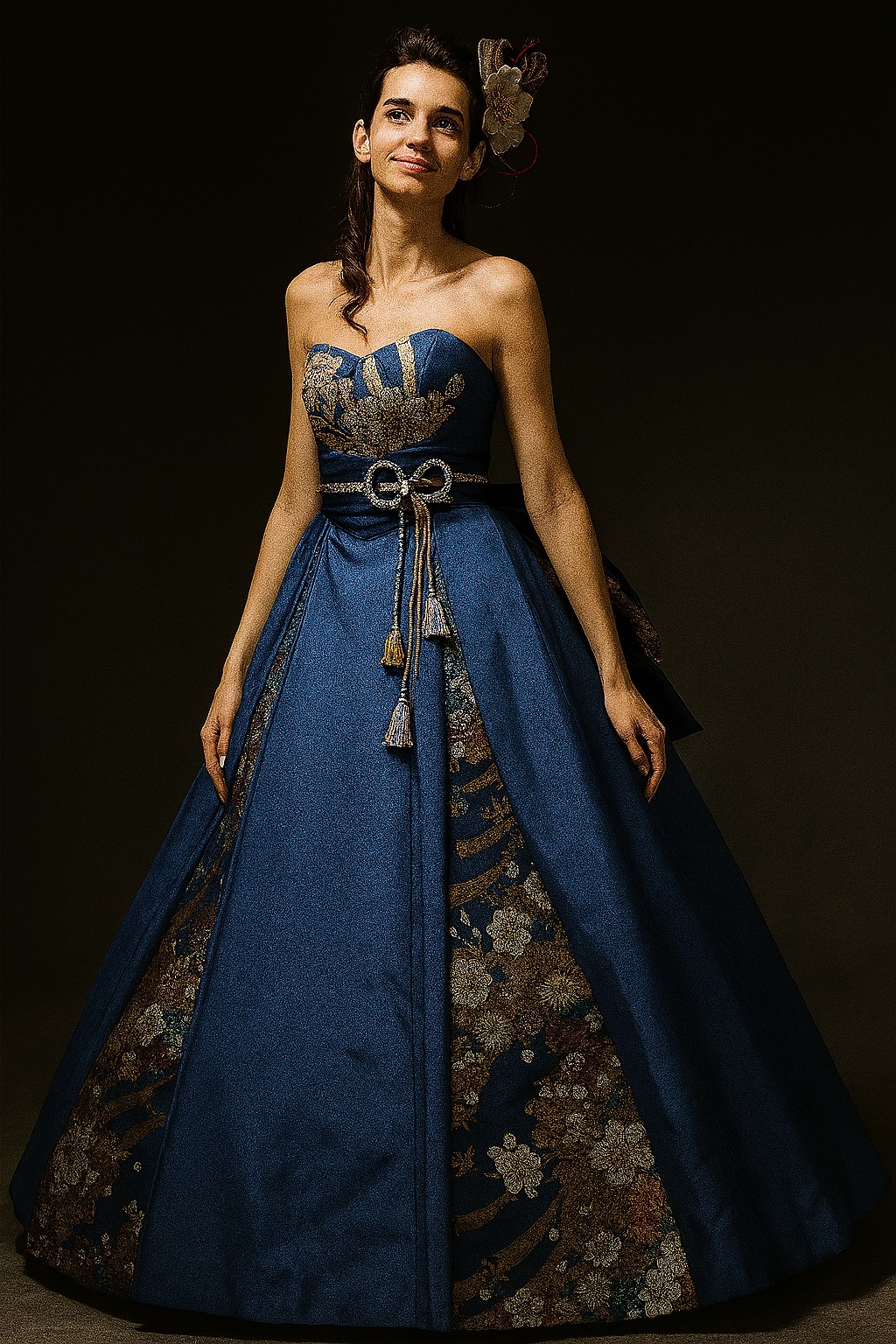 着物ドレス和ドレス ブルー プリント模様 サッシュベルト ビスチェドレス 結婚式