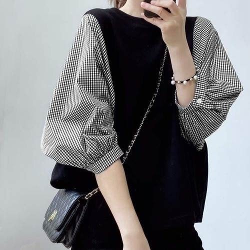 7色製シャツフェイクツーピースストライプラウンドネックtシャツトップス