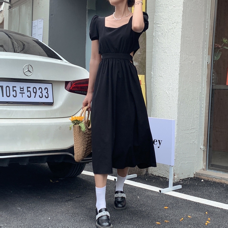 Aライン ワンピース ドレス パフスリーブ リボンベルト ミドル丈 ミモレ丈 無地 可憐 清楚系
