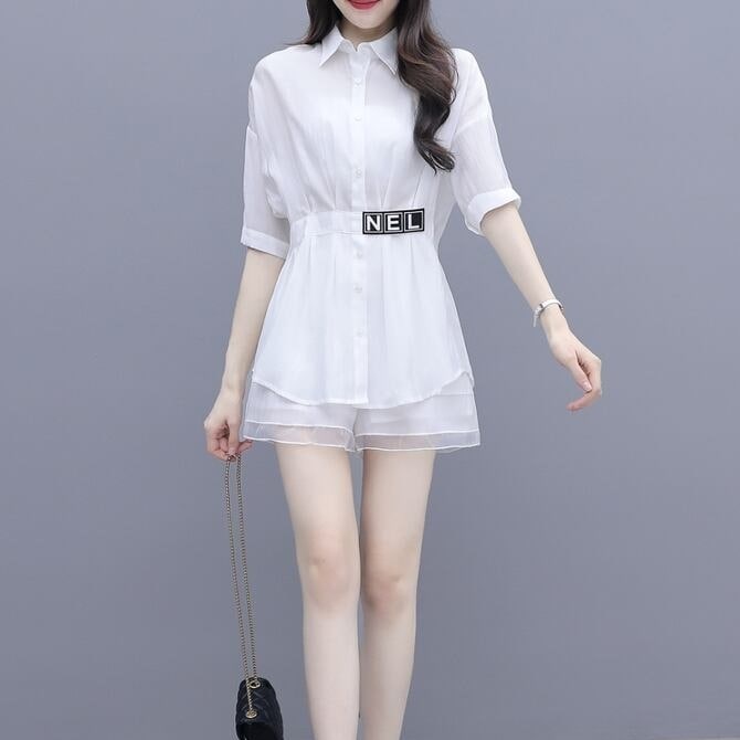 セットアップ トップス ボトムス シャツ ブラウス ショートパンツ ミニ ミニ丈 ショート ショート丈 膝上 袖あり 半袖 5分袖 五分袖 襟付き シフォン 透け感 上下セット 2点セット