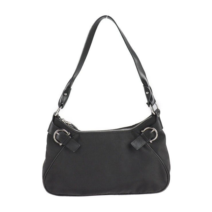 美品 Salvatore Ferragamo サルヴァトーレ フェラガモ ショルダーバッグ 21 4436 ガンチーニ ナイロンキャンバス レザー ブラック シルバー金具 セミショルダー ワンショルダ