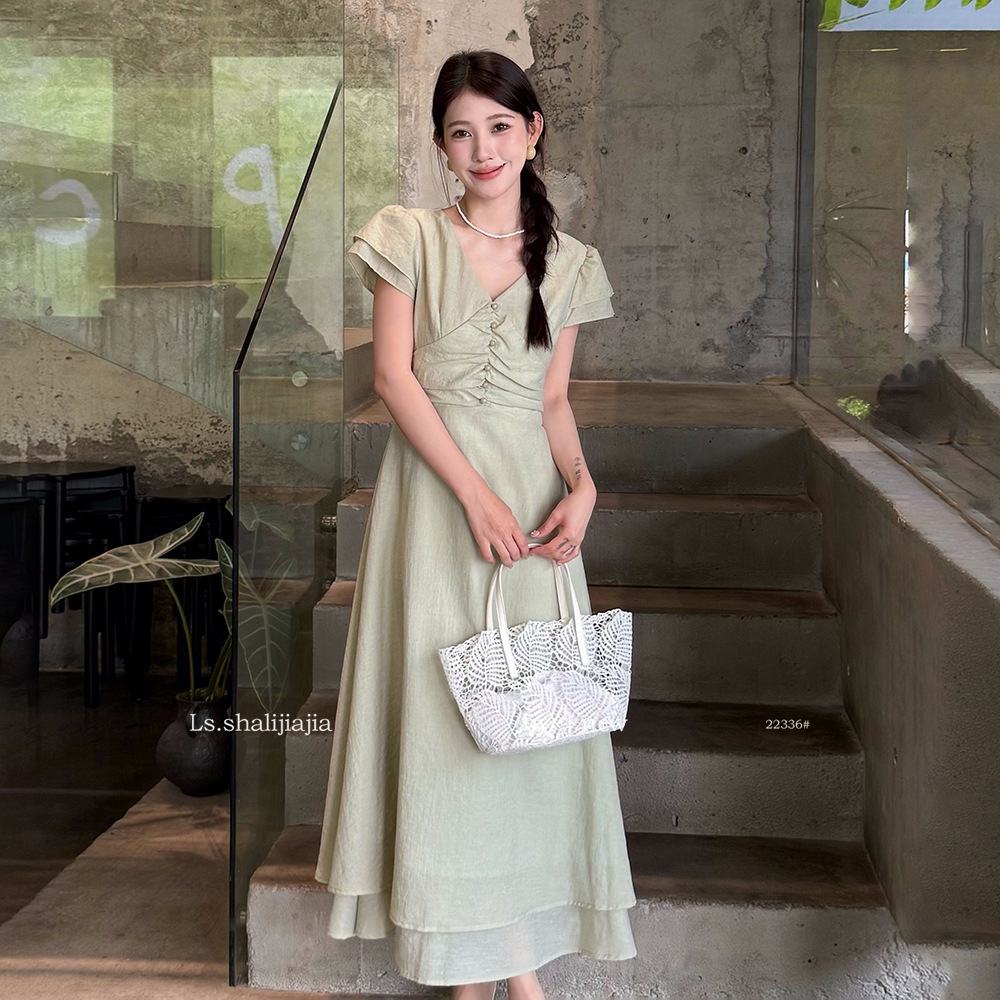 Lsユニークで美しいフレンチウエストクロージングロングスカート2025夏の新しい短袖のドレスレディース服22336