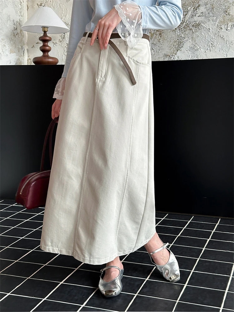 早い者勝ち aラインスカート 2025春 レトロ ロングスカート ハイウエスト 気質 スカート スリム 怠惰な風