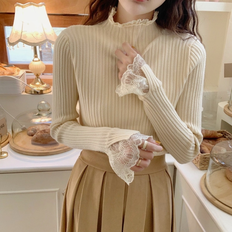 トップス カットソー ニットソー 袖あり 長袖 ハイネック タートルネック レース リブ ニット サマーニット 大人可愛い 大人 上品 おしゃれ お洒落 かっこいい 大人女子 ラブリー キュート