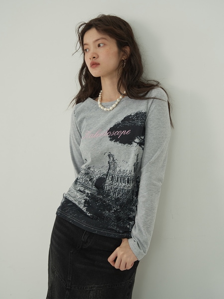 レトロプリント右肩スリム長袖Tシャツ