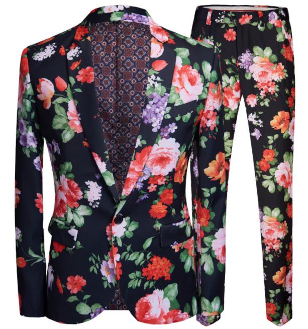 メンズ 花柄スーツセット ステージ衣裳 パンツスーツ上下2点セット 黒地に大きな花柄 総柄 派手な紳士服 舞台 ダンス衣装 結婚式 パーティー 年会 発表会 ダンス 衣装 コスプレスーツ タキシード