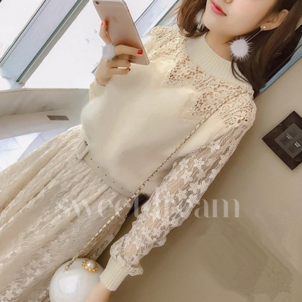 パーティー おしゃれ 2色 結婚式 ワンピース 秋 Aライン レディース ワンピ 上品 透け感 ドレス 披露宴 ミディアム丈 お出かけ 新作 通勤 長袖 冬 お嬢様 二次会 ニット 着やせ エレガン