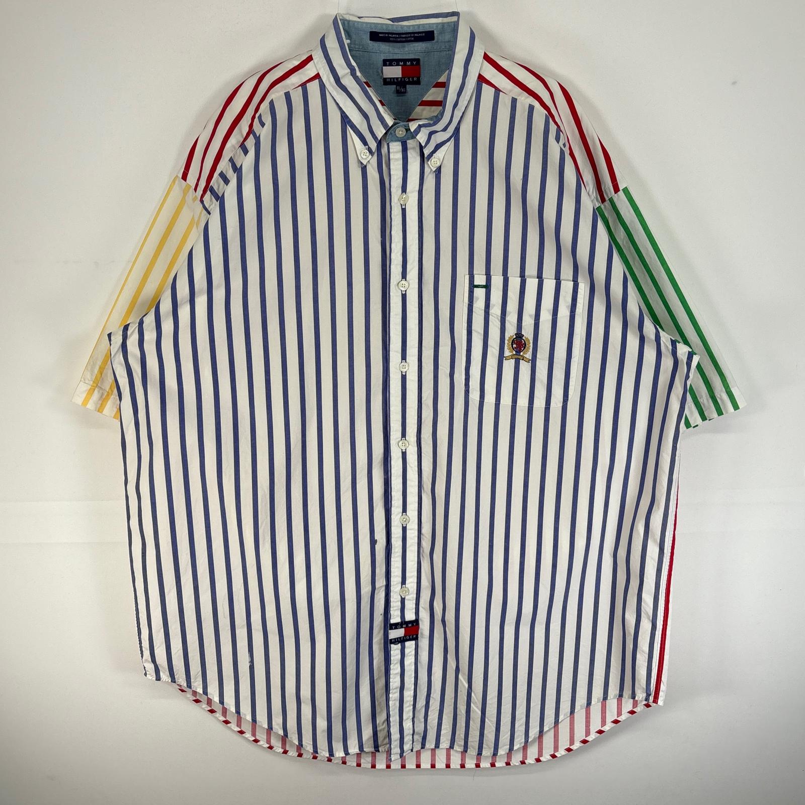 古着 90s/90年代 半袖シャツ 旧ロゴ 刺繍 大きいサイズ 胸ポケ XL マルチカラー ストライプ メンズ 4,620円