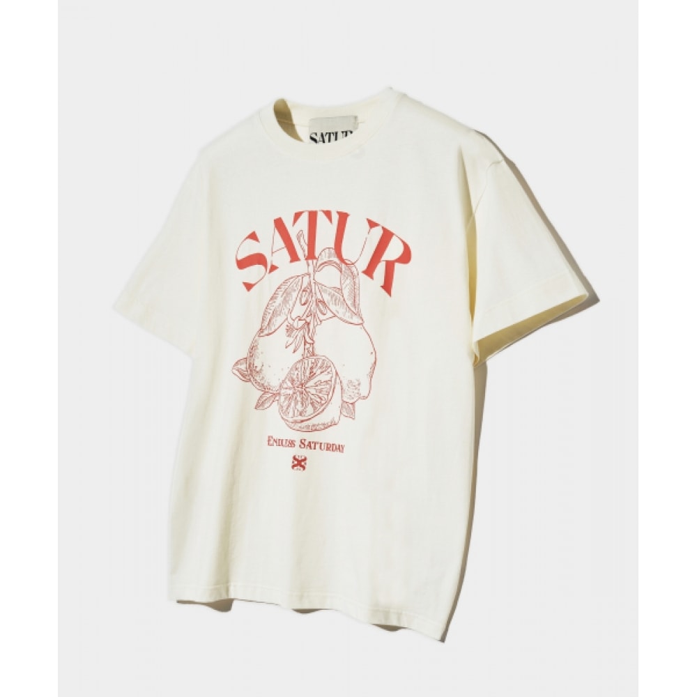 SATUR カプリシトロンドローイングサマーグラフィックショートスリーブ T シャツクリームオレンジ