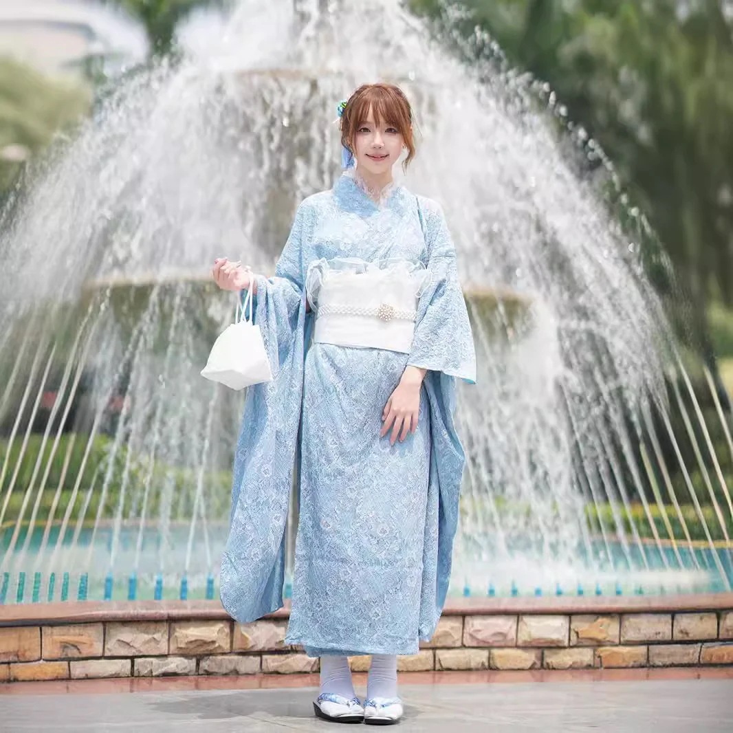 浴衣 青いレースの着物女性の修正された大きな振袖卒業式ドレスフォーマルな和風の甘いステージドレス 夏祭り 花火大会 文化祭 学園祭