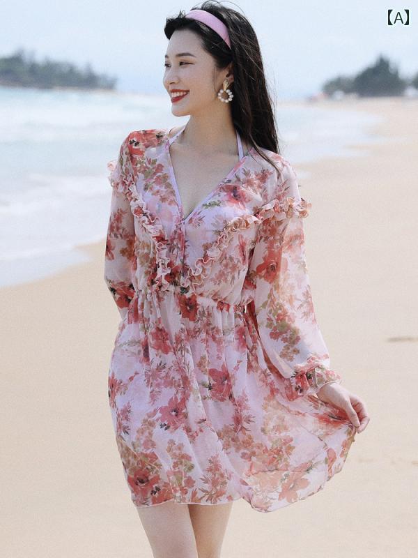 水着 レディース メンズ カップル用 ビキニ 長袖アウターフリルシャツ ３点セット スリーピース フリル装飾 ビーチパンツ ペアルック カラフルフローラルプリント ピンク系 花柄 大きいサイズ バカン