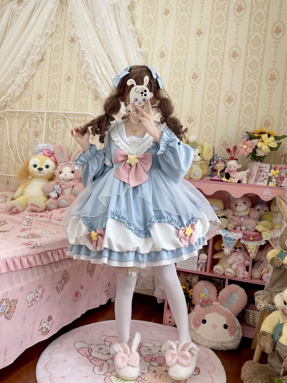 op 春秋 ワンピース ドレス カラー 韓国ファッション 長袖 花柄 コスプレロリータネイビー レディース