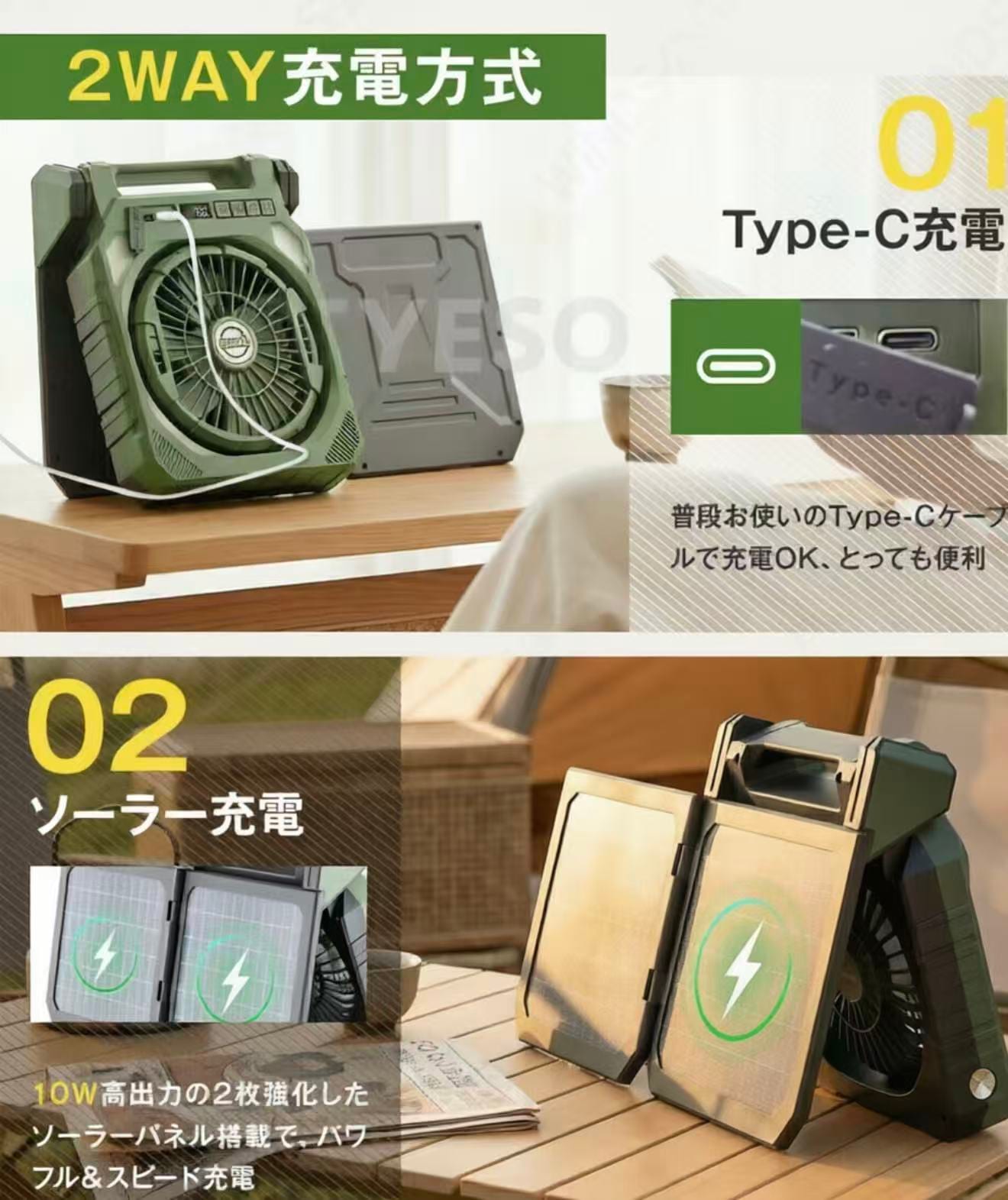 2026最新版 ソーラー扇風機 5600mAh USB+太陽光充電 90自動首振り 4段階風量2枚組ソーラーパネル 長時間稼働大容量 防災グッズ 3段階LEDライト サイド懐中電灯4段階タイマー防水