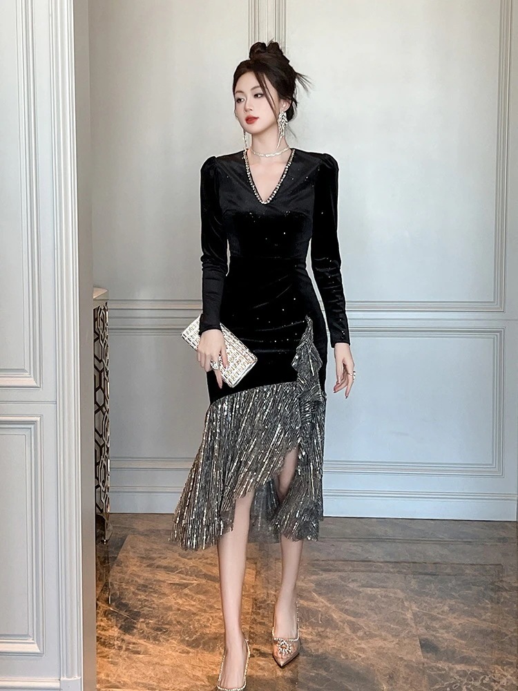 Vネック 2025秋冬新品 同窓会 演奏会 大人 パーティー ワンピース メガ割 不規則裾 ドレス 卒業式 結婚式 ウェディング 披露宴 二次会 キャバ