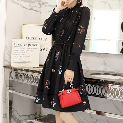 パーティーワンピース スタンドカラー ハイウエスト 花柄 プリーツ レース 長袖 フリル 膝丈 ミディ丈 Aライン 可愛い フェミニン パーティー 結婚式 二次会 お呼ばれ ワンピース フォーマル