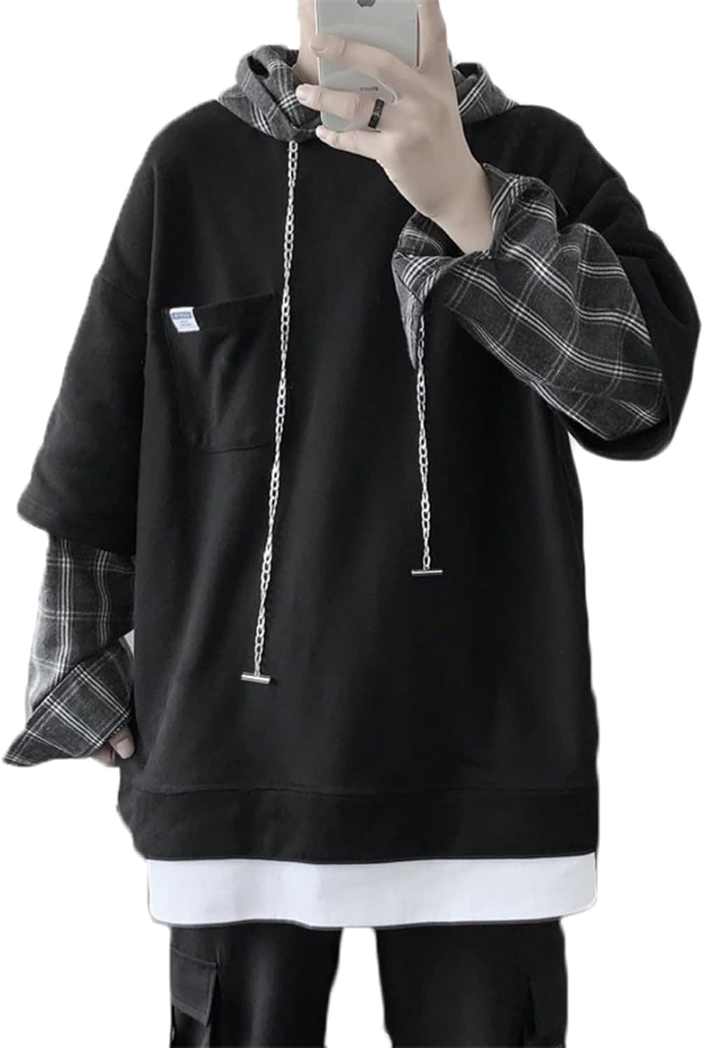 パーカー メンズ フード付 プルオーバー 秋冬服 オーバーサイズ レイヤード風 チェック柄 長袖 上着 オシャレ カンガルーポケット スウェットパーカー 伸縮性 薄手 カジュアル ストリート 散歩 ゆ