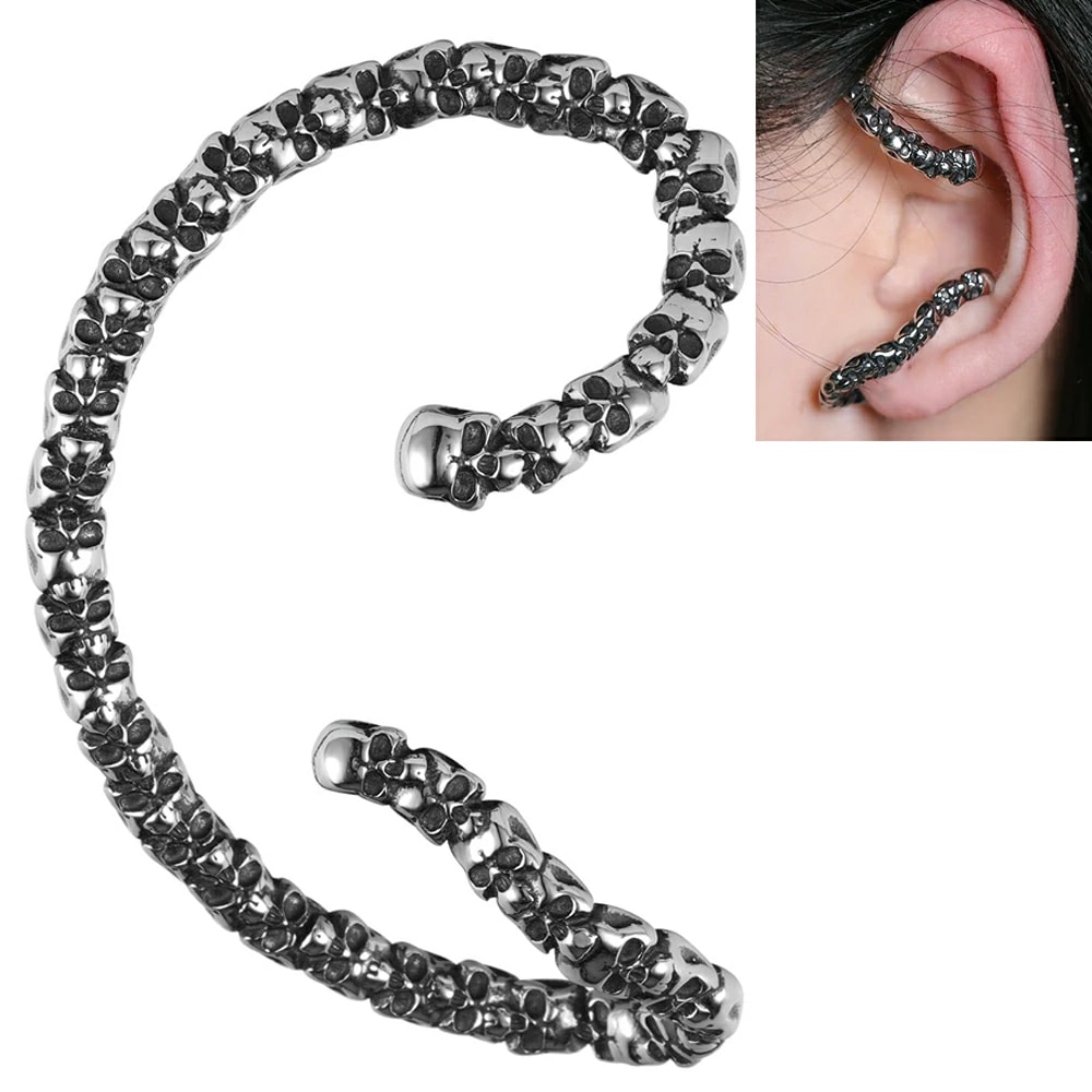 セメタリースカル イヤーフック 1個販売 右耳用 左耳用 ステンレス ドクロ 髑髏 骸骨 ガイコツ イヤーカフ イヤリング 男性 女性 プレゼント 大きい 挟む 装着簡単 ew-00-00193xx