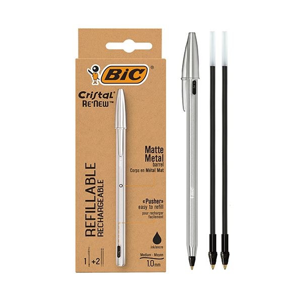 （まとめ） BIC油性ボールペン クリスタル ReNew 1.0mm 黒 （1本+替芯2本入） CRBLK-3P 1箱 [x10セット]