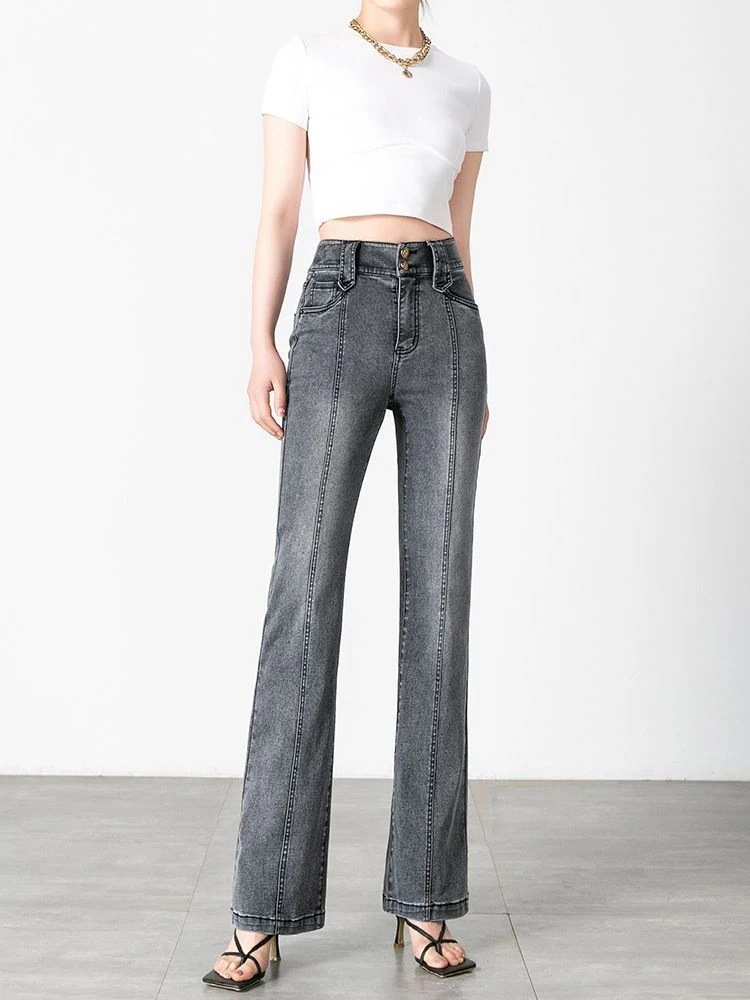 スモーキーグレーのマイクロフレアジーンズ女性2025年韓国ファッション春夏新作フレンチレトロ高見えスリムストレートフレアパンツ