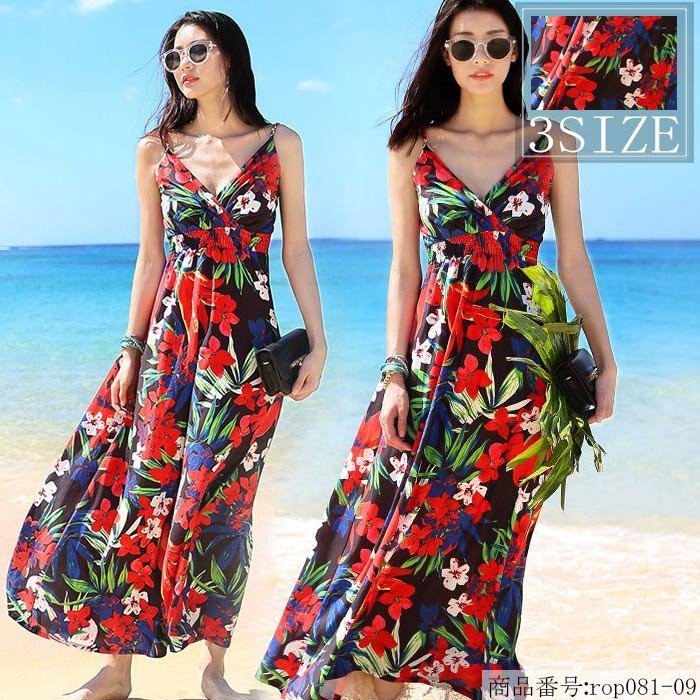 ワンピース リゾート レディース リゾートワンピース 花柄 ビーチワンピース ロング ハワイワンピース 吊りワンピ ボヘミア ノースリー 肩出し 海 旅行