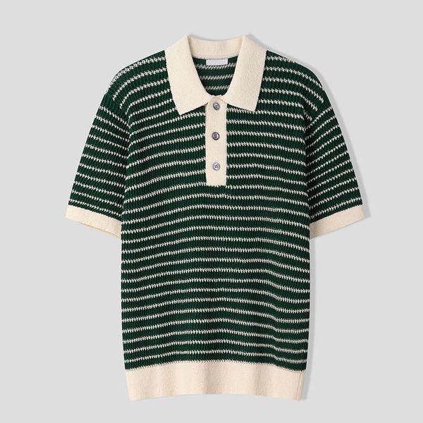 男性ストライプブークルカラーネック半袖ニットTシャツ AS KNH Q001 グリーン_P422498569