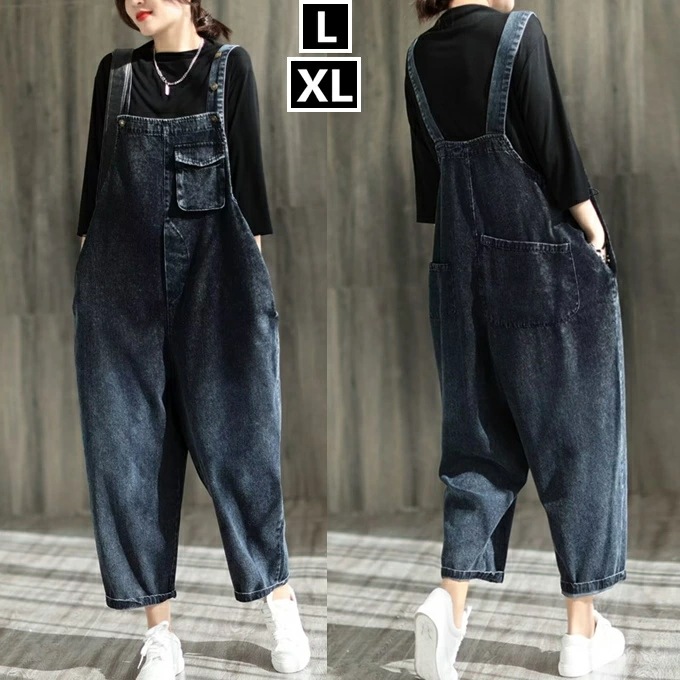 レディース デニム サロペット オーバーオール オールインワン オーバーサイズ ビックサイズ バルーン ワイド 5ポケット 非対称 ビックポケット ウォッシュ ヴィンテージ