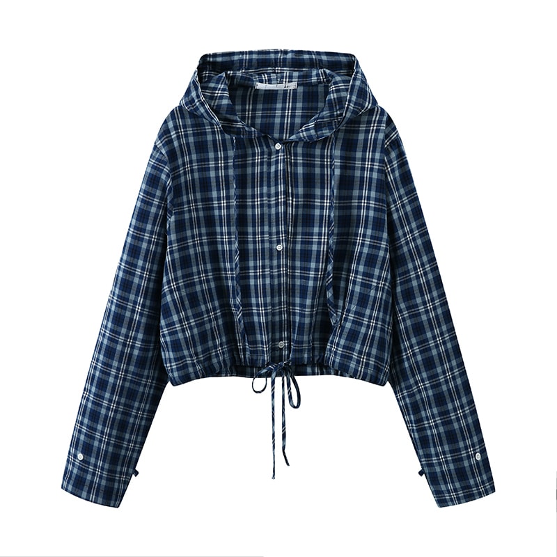 ブラウス トップス 総柄 チェック柄 ショート丈 クロップド ドローストリング 長袖 大人可愛い レトロ お洒落 こなれ感 普段使い