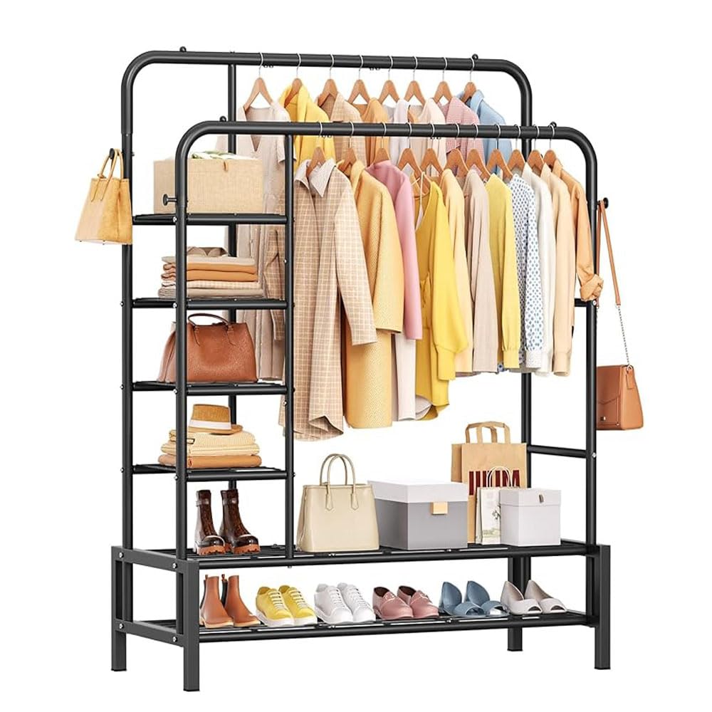 ハンガーラック5サイド棚付き 洋服 パイプハンガー 衣類 コート掛けラック 洋服掛け 衣類収納 防サビ 防水 耐腐食性 物干しスタンド 高耐荷重 頑丈 梅雨対策 おしゃれ114×奥行41.5×高さ15