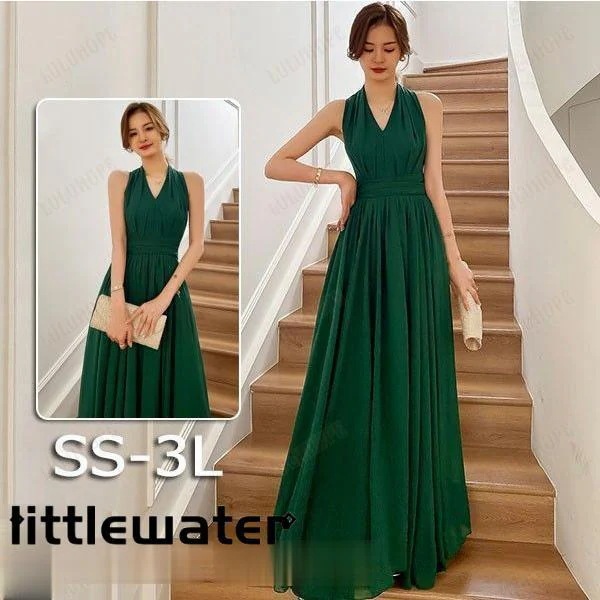 ドレス 大人 ピアノ 発表会 ロングドレス 演奏会 ワンピース グリーン ホルターネック ノースリーブ 大人可愛い 成人式 同窓会 Aライン 結婚式 ステージドレス