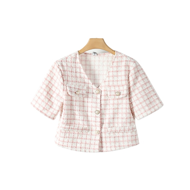 アウター ジャケット ショート ショート丈 袖あり 半袖 Vネック 襟なし ポケット 前開き ポリエステル かわいい 大人可愛い きれいめ シンプル 大人 上品 おしゃれ お洒落 レトロ アジアン