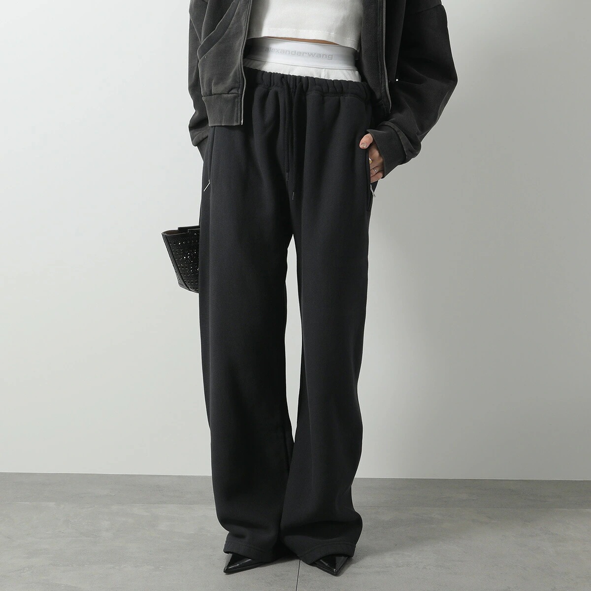 ALEXANDER WANG アレキサンダーワン スウェットパンツ 4CC1244349 レディース ダブルウエスト コットン ストレッチ ワイドレッグ ドロスト