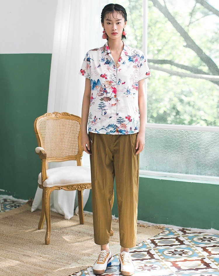 春 夏 カジュアル プリント 半袖シャツ 女性 ルーズ V ネック トップ オールマッチ シャツ ベージュ S M L XL トップス 袖あり かわいい 大人可愛い きれいめ シンプル カジュアル