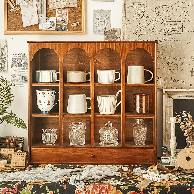 収納棚 木製 ヴィンテージ調 マグカップ収納 ティーカップ 引き出し ヴィンテージ調 収納ボックス キッチン リビング お洒落 インテリア 整理整頓 食器棚 コンパクト ナチュラル 4-7