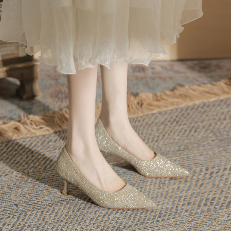 500円OFFクーポン パンプス ハイヒール ポインテッドトゥ ピンヒール 結婚式 ブラウン パーティー 美脚 ヒール キラキラ ラメ 通勤 パンプス ソフトクッション 24.5cm 靴 歩きやすい