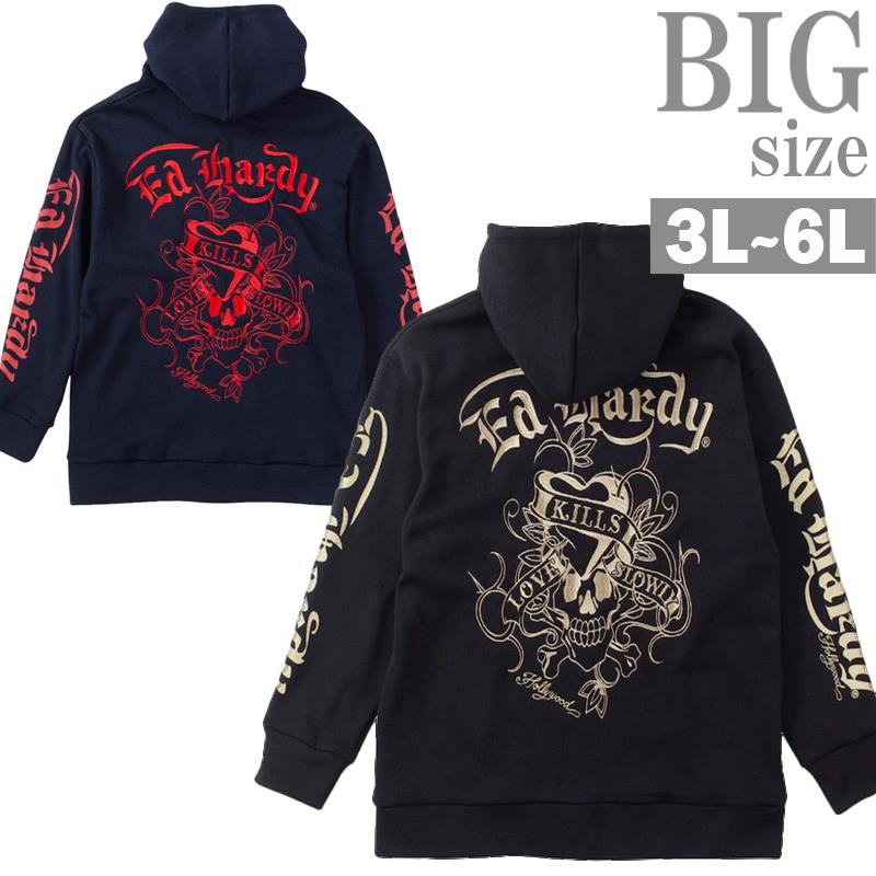 スウェットパーカー エドハーディ 大きいサイズ メンズ Ed Hardy ドクロ ハート ジップパーカー C060829-09