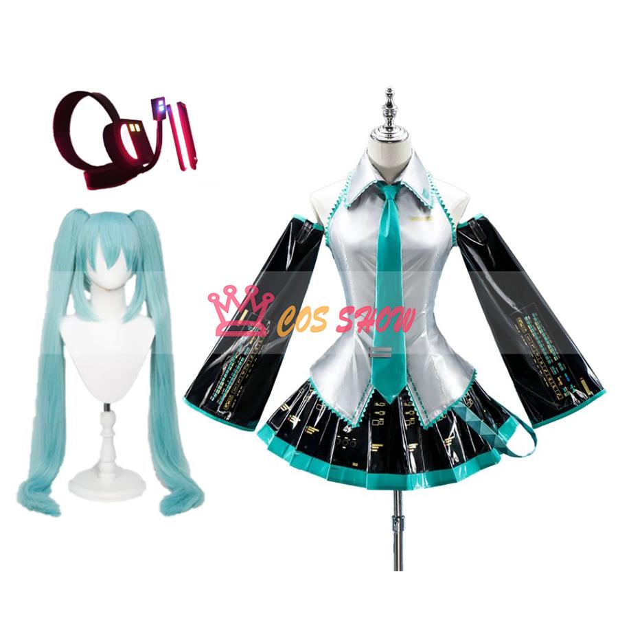 人気商品N0.1 ボーカロイド 初音ミク コスプレ衣装 cosplay エナメル革製 ウィッグ イヤホン能 中国公式許可あり 仮装 イベント クリスマス ステージ 文化祭 お祭り