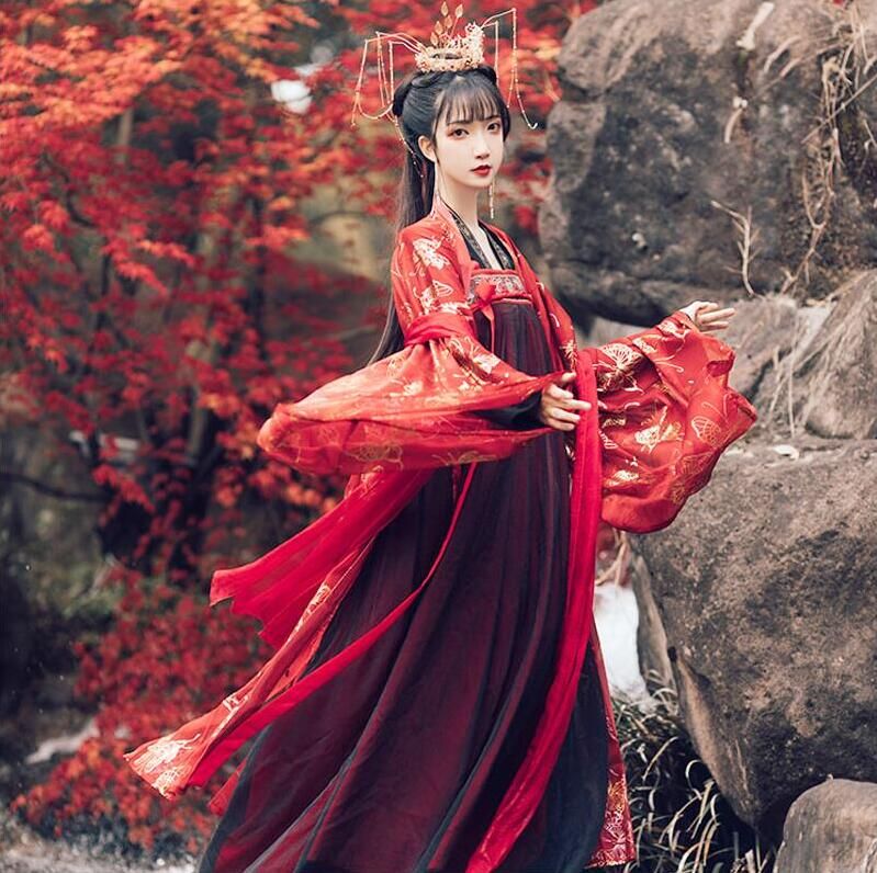 ギフト 豪華漢服　刺繍中国古代宮廷衣装　貴妃皇后女王変装　華流コスプレ舞台衣装　古典チャイナドレス　超美しい中華服　チャイナ風ステージ撮影衣装　赤黒系