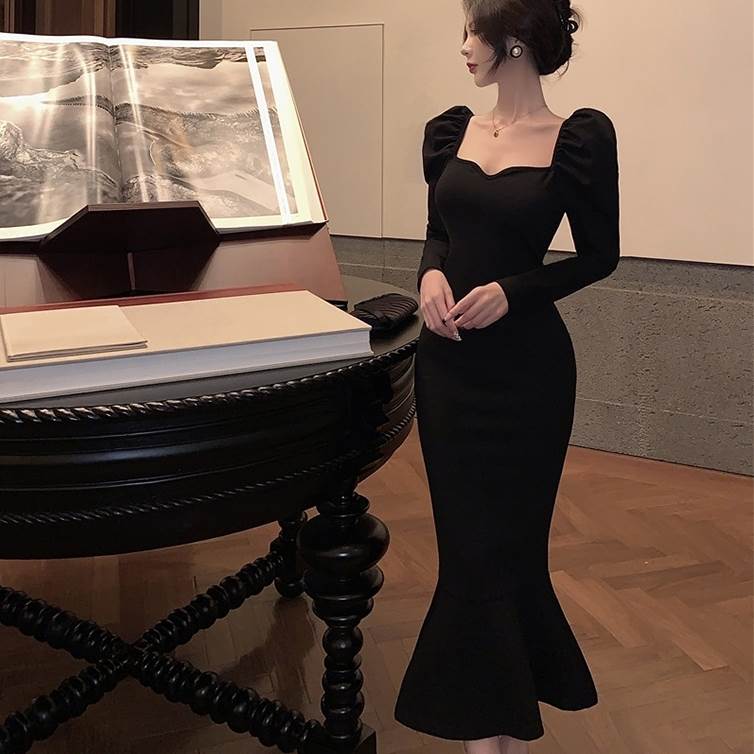 パーティードレス ワンピース ドレス レディース 黒 マーメイド ミモレ丈 長袖 きれいめ セクシー 大人可愛い 個性的 ブラック 無地 タイト スリム 長袖 ミディアム丈 スクエアネック フィッシュ