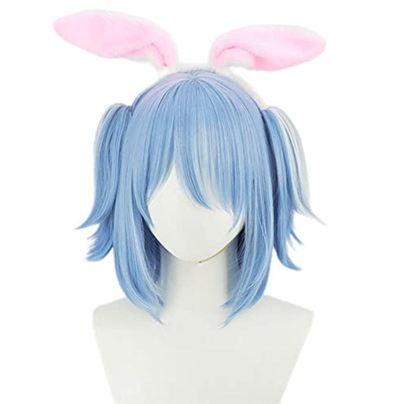 コスプレウィッグ 兎田ぺこら ブルー ホワイト グラデーション 耐熱 ウィッグ かつら wig (ボブ（耳あり）)