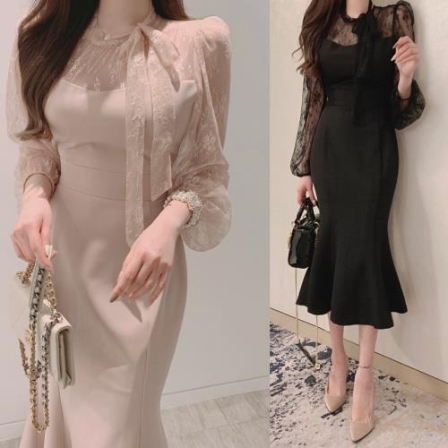 【急速出荷!】タイトドレス白黒ピンクボウタイワンピースミモレ丈ひざ下丈セクシーレディースブラックドレスホワイトドレス春夏長袖可愛いお呼ばれ結婚式二次会披露宴成人式キャバドレスブラックパーティードレス韓