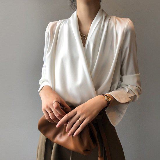 ブラウス レディース 長袖 シフォン オフィス カシュクール 白ブラウス トップス 白 ホワイト グリーン 無地 シンプル M L ショート丈 カシュクールブラウス フォーマル ドレープ Vネック お