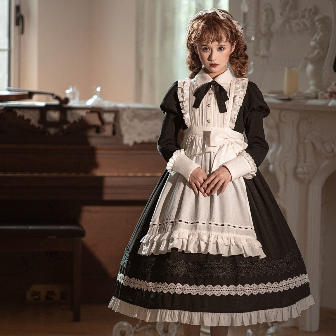 長袖 クラシカル カチューシャ イベント エプロン ワンピース レディース 仮装 ハロウィン コスプレ ロリータ 3点セット ロング 英國風 メイド服