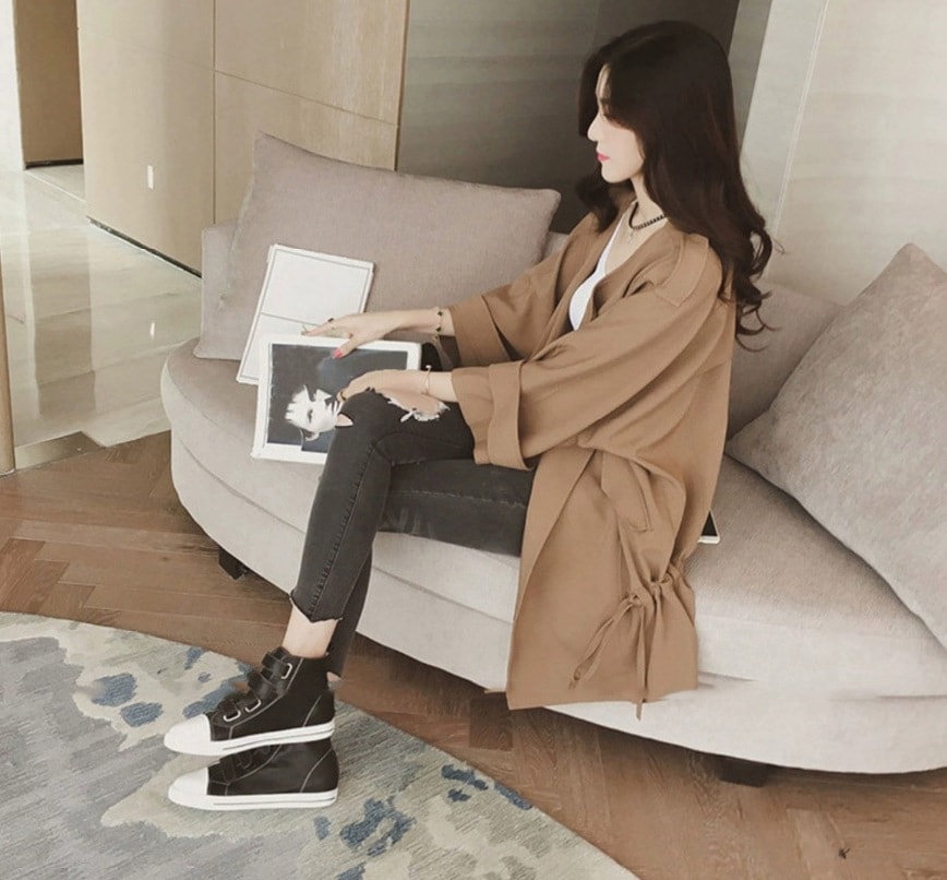 絞り レディース ジャケット 上着 羽織 7分袖 Vネック 襟付き ワイド 前開き 薄手 かわいい 大人可愛い きれいめ シンプル カジュアル おしゃれ こなれ感 ラフ ルーズ 個性的 主役級 存在感